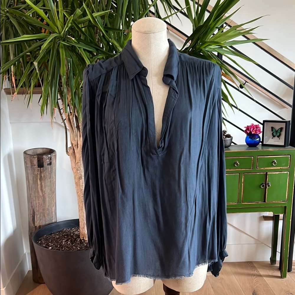 Free People Blue Pleated Long Sleeve Blouse